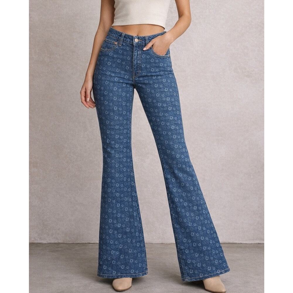 Wrangler Horseshoe Print Denim Flares Rare Sample High Rise Bell Bottom Size 26